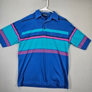 Par Four Mens Polo‎ Shirt Medium Blue Teal Pink Striped Short Sleeve Cottontail